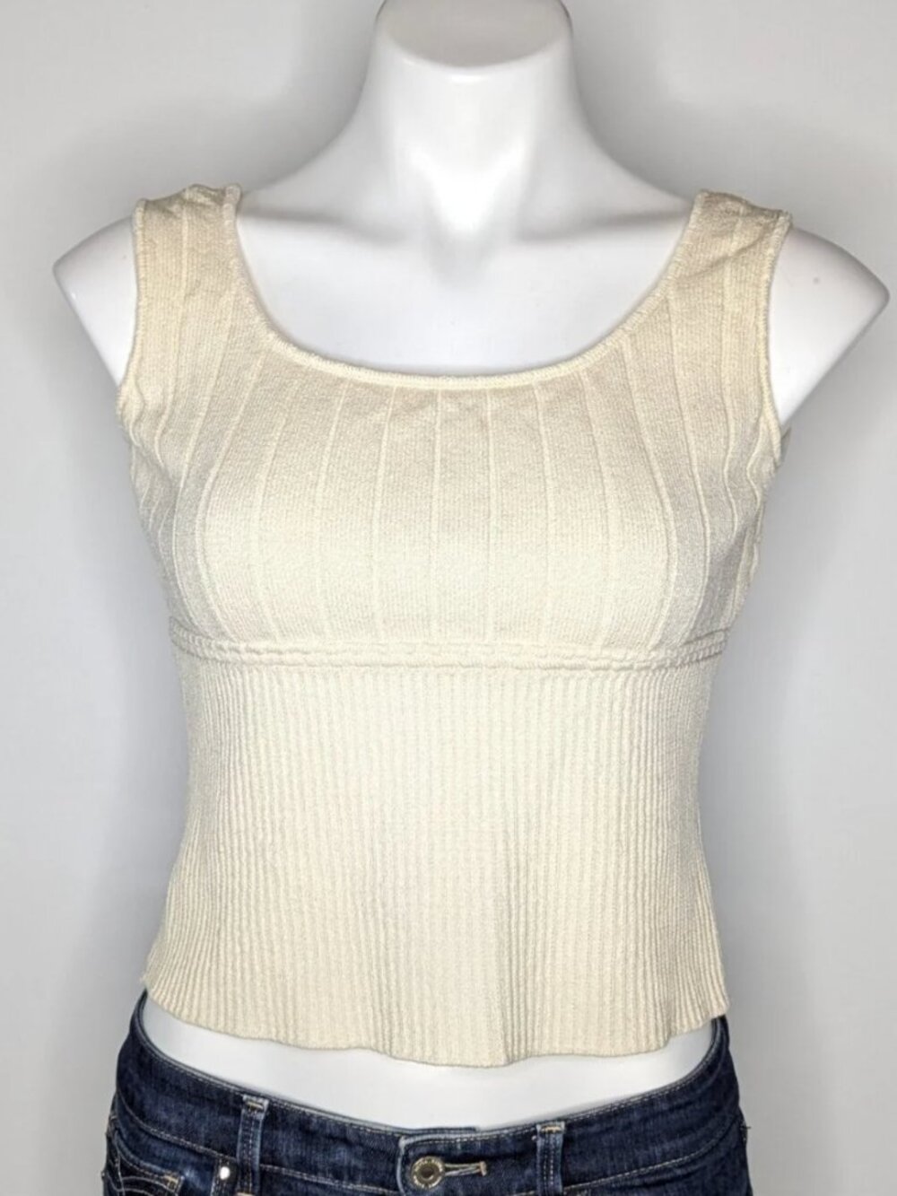St John Cream Ribbed Semi Cropped Knit Casual Capsule Closet Tank Top Petite S
